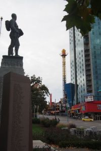 War Memorial. The soldier faces the Mall not the falls.